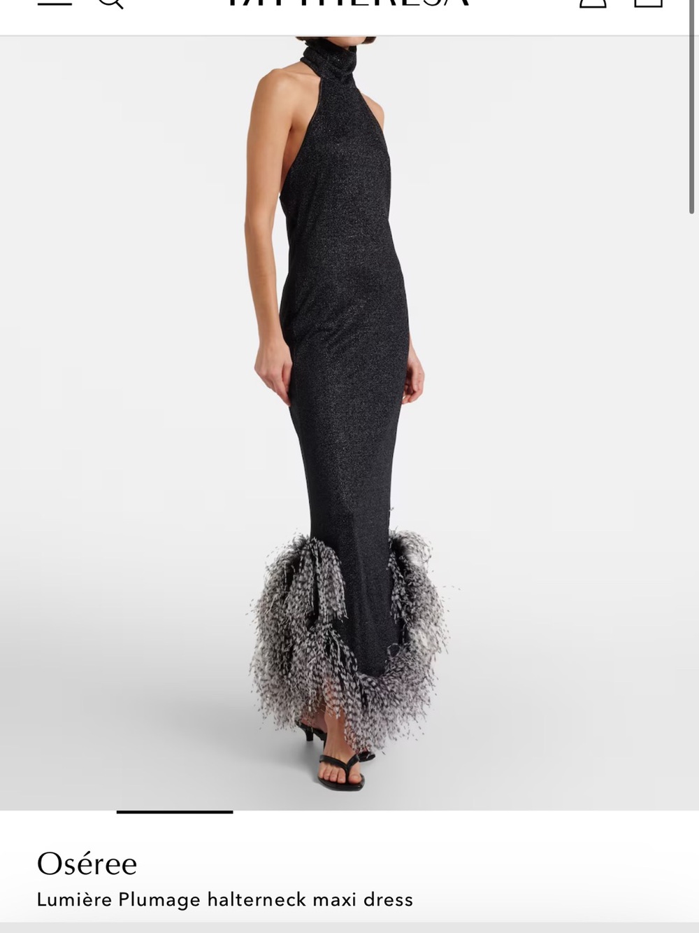 Oseree Black Halterneck Maxi Dress with Feathered Hem